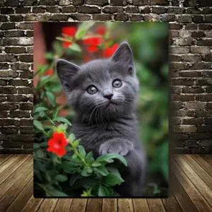 Adorable Russian Blue Kitten with Flowers Painting 40x60cm Metal Print Ready to Hang - Bella Home Decor