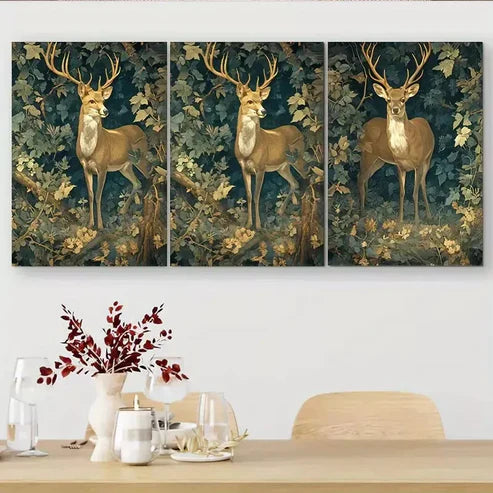 3pcs Golden - Deer in Forest Triptych Wall Art Set Wall Art Canvas Unframed - High Quality Print 100% Australian Made Wall Canvas - Bella Home Decor