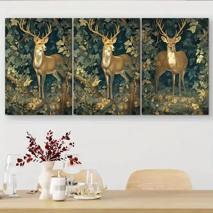 3pcs Golden - Deer in Forest Triptych Wall Art Set Wall Art Canvas Unframed - High Quality Print 100% Australian Made Wall Canvas - Bella Home Decor