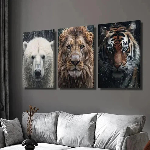 3pcs Polar Bear Lion & Tiger in Rainy Weather Wall Art Set Canvas Unframed - High Quality Print 100% Australian Made Wall Canvas