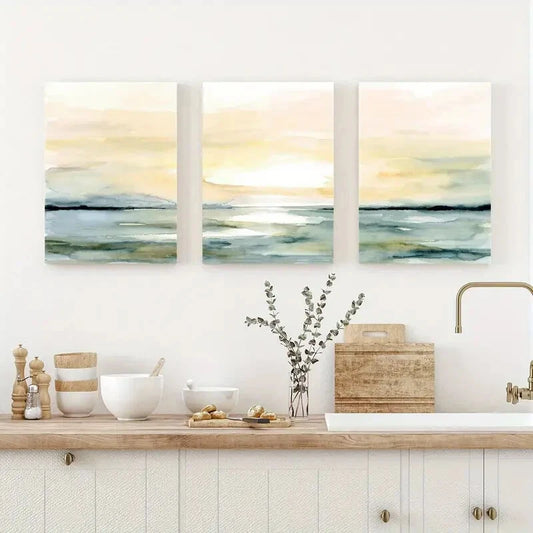 3pcs Sunrise Sunset Beach Ocean Abstract Wall Art Set Canvas Framed 50x70cm - High Quality Print 100% Australian Made Wall Canvas Ready to Hang