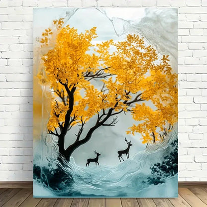 Beautiful Golden Autumn Trees With Deer Painting 40x60cm Metal Print Ready to Hang - Bella Home Decor
