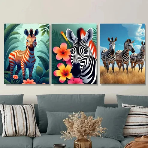 3pcs Colorful Zebra Picture Flower Vibrant Wall Art Set Canvas Unframed - High Quality Print 100% Australian Made Wall Canvas - Bella Home Decor