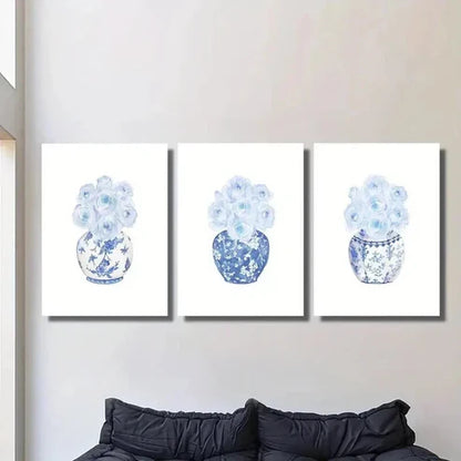 3pcs Blue and White Porcelain Rose Vase Wall Art Canvas Unframed - High Quality Print 100% Australian Made Wall Canvas - Bella Home Decor