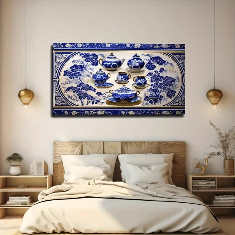 Chinese Blue And White Wall Art Canvas Office Home Room Framed 120x60cm