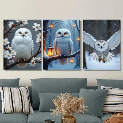 3pcs White Owl Magpies Cherry Blossoms Nature Wall Art Set Canvas Unframed - High Quality Print 100% Australian Made Wall Canvas