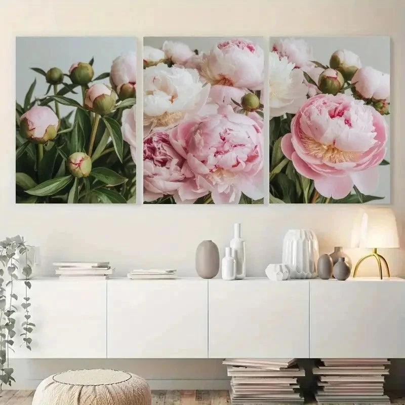 3pcs Pink Peony Flowers Greenery, Soft Pastel    Wall Art Set Canvas Framed 60x90cm - High Quality Print 100% Australian Made Wall Canvas Ready to Hang