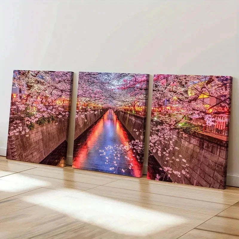 3pcs Cherry Blossom Street Landscape Painting Wall Art Set Canvas Framed 40x60cm - High Quality Print 100% Australian Made Wall Canvas Ready to Hang - Bella Home Decor