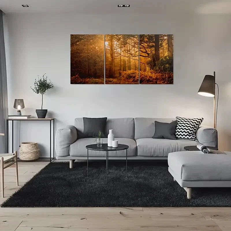 3pcs Golden Forest Sunset Triptych Metal Print Ready to Hang Art - Bella Home Decor