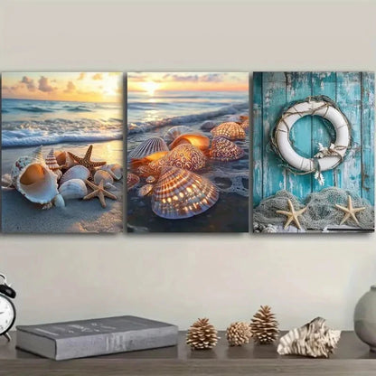 3pcs Beach Shells & Starfish Sandy Beach Scene Wall Art Set Canvas Framed 40x60cm - High Quality Print 100% Australian Made Wall Canvas Ready to Hang - Bella Home Decor