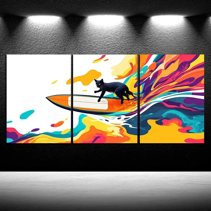 3pcs Modern Abstract Cat Surfboard Design Metal Print Ready to Hang Art