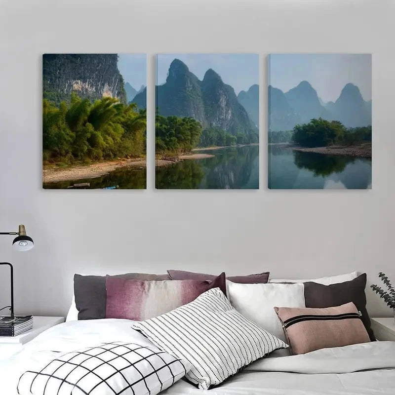 3pcs Peaceful Li River Guilin China Landscape   Wall Art Set Canvas Framed 40x60cm - High Quality Print 100% Australian Made Wall Canvas Ready to Hang - Bella Home Decor