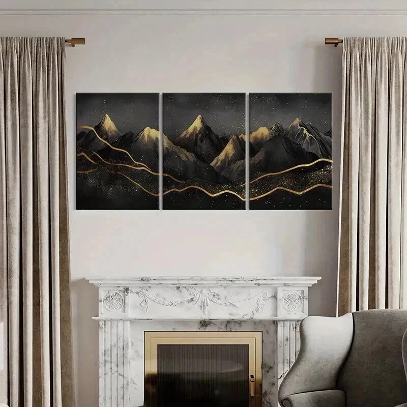 3pcs Mountains Night Sky Golden Lines Sparkles Wall Art Set Canvas Framed 60x90cm - High Quality Print 100% Australian Made Wall Canvas Ready to Hang - Bella Home Decor