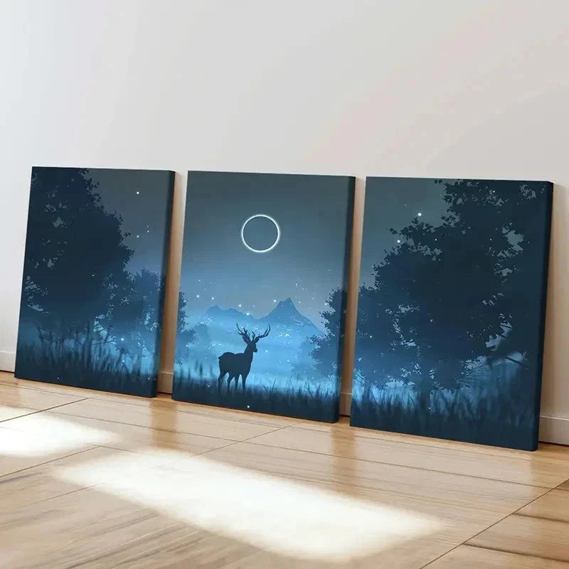 3pcs Fantasy Cartoon Night with an Elk Modern Wall Art Set Canvas Framed 60x90cm - High Quality Print 100% Australian Made Wall Canvas Ready to Hang - Bella Home Decor