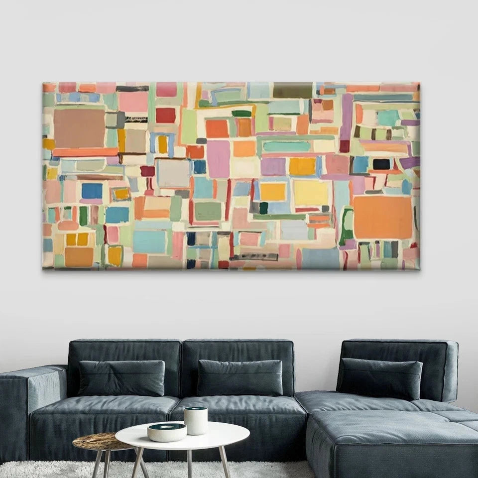 Pastel Abstract Geometric Block Wall Art Canvas Office Home Room Framed 120x60cm