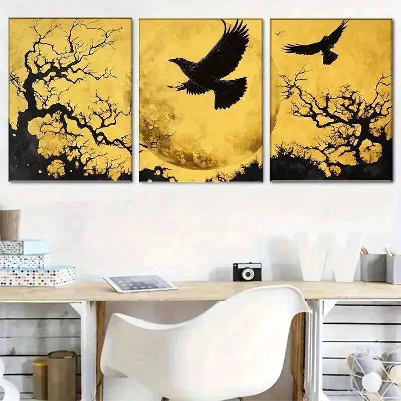 3pcs Moonlit Raven Flying Crows Golden Perfect Wall Art Set Canvas Framed 50x70cm - High Quality Print 100% Australian Made Wall Canvas Ready to Hang