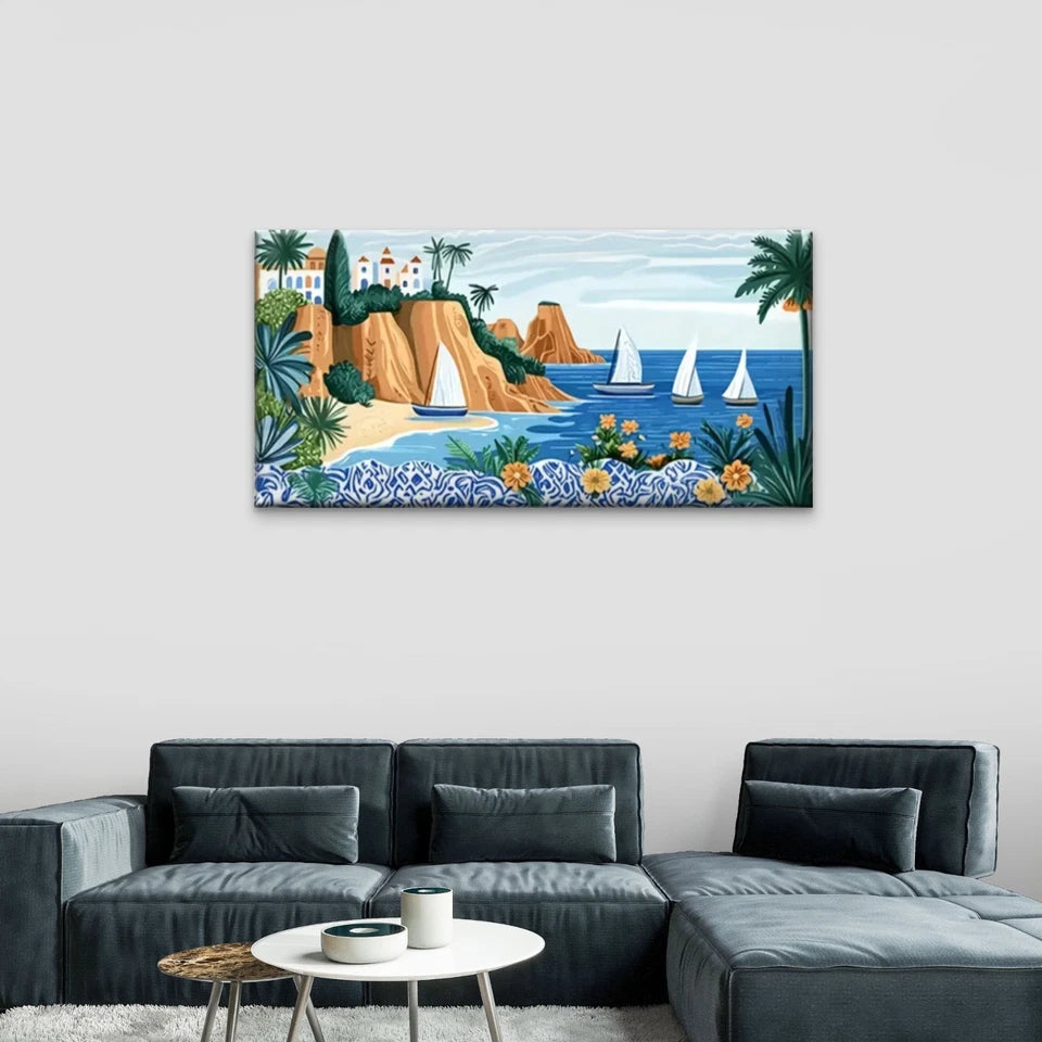Beach Scene Palm Trees Boats Wall Art Canvas Office Home Room Framed 120x60cm