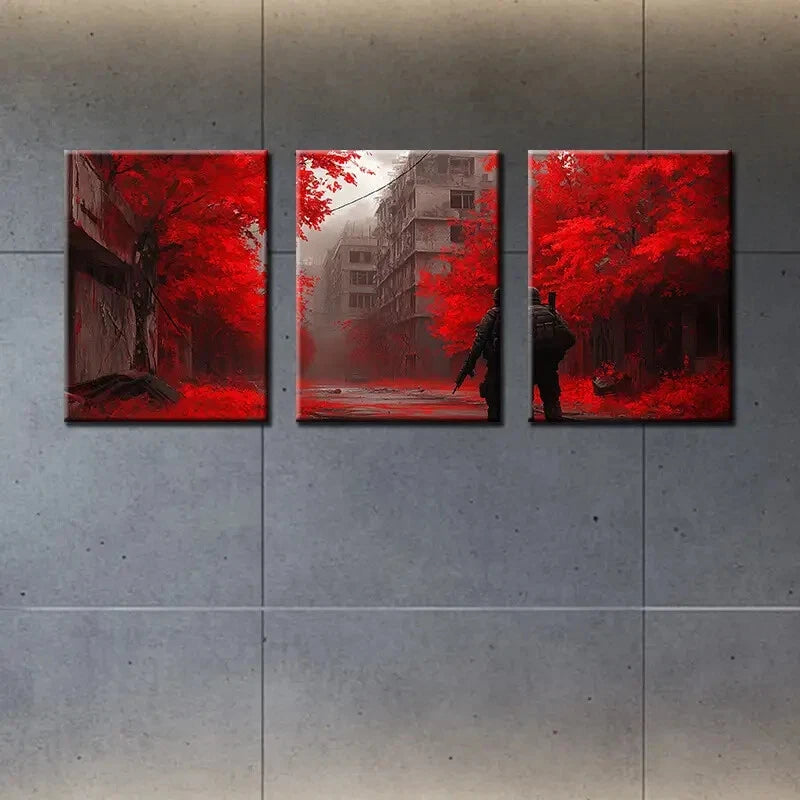 3pcs Vibrant Red Cityscape Modern Metal Print Ready to Hang Art - Bella Home Decor