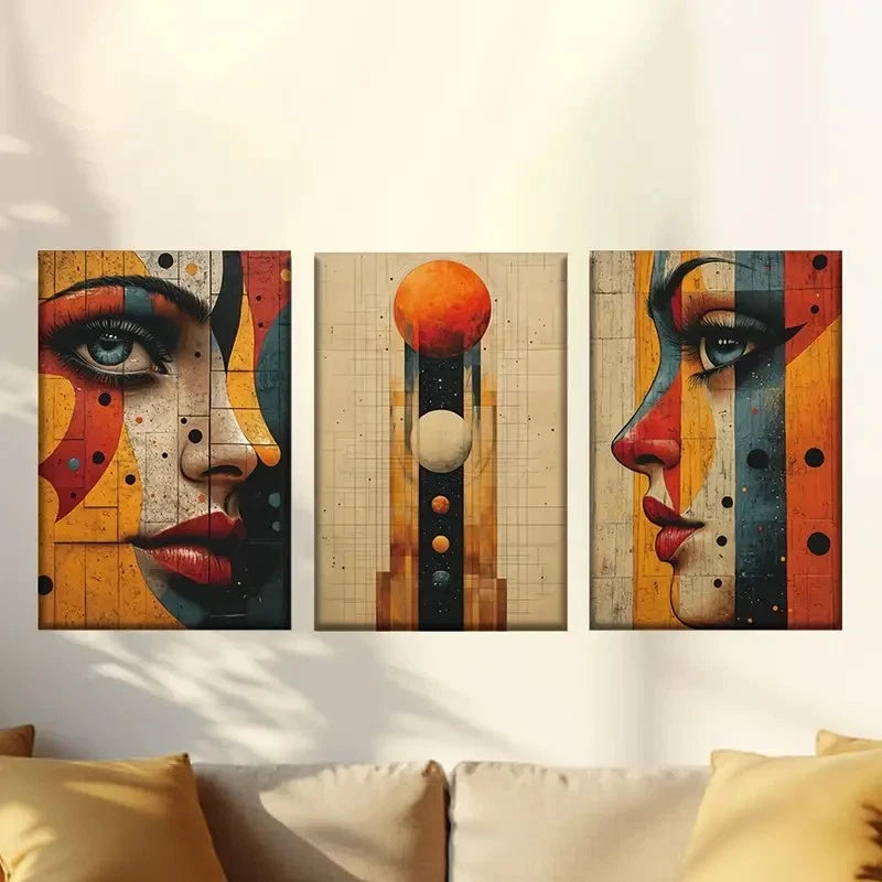 3pcs Elegant feminine profile, geometric Wall Art Set Canvas Framed 40x60cm - High Quality Print 100% Australian Made Wall Canvas Ready to Hang