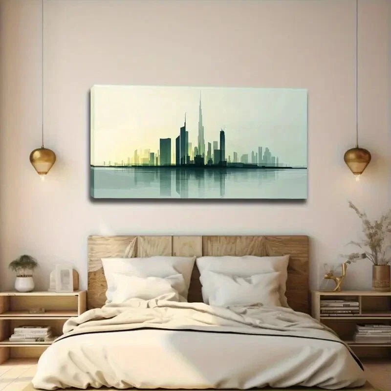 Gradient Blue Green Cityscape Wall Art canvas office home room framed 120x60cm - Bella Home Decor