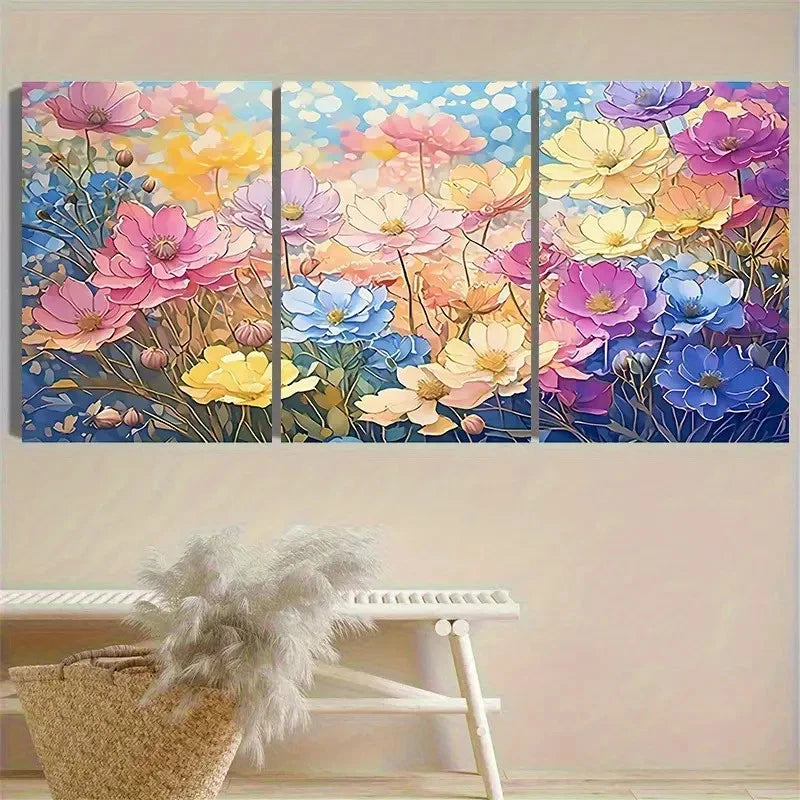 3pcs Vibrant Flower Field Panoramic Wall Art Set Canvas Framed 40x60cm - High Quality Print 100% Australian Made Wall Canvas Ready to Hang - Bella Home Decor