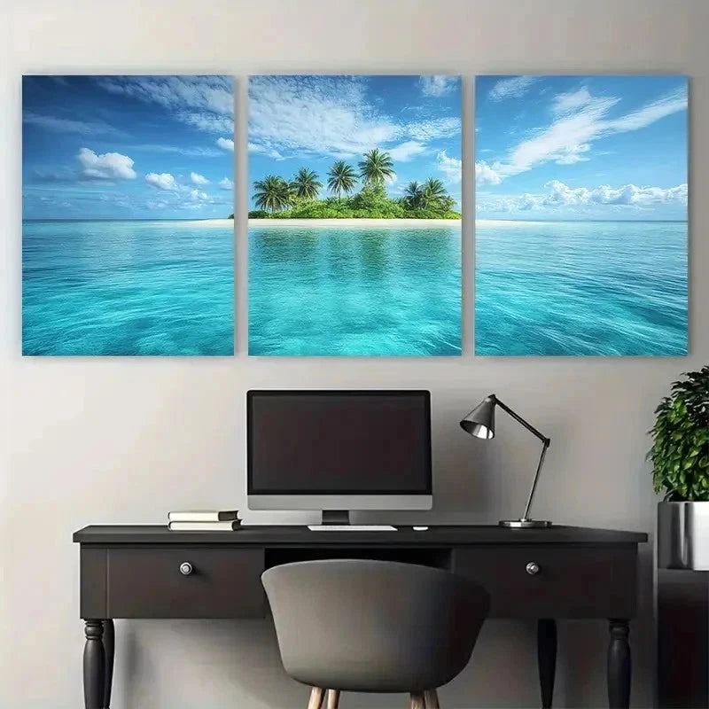 3pcs Turquoise Tropical Island Seascape Perfect Wall Art Set Canvas Framed 50x70cm - High Quality Print 100% Australian Made Wall Canvas Ready to Hang