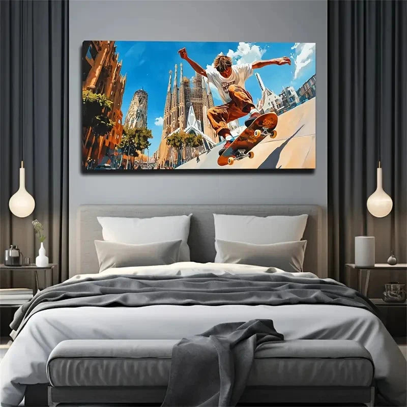 Dynamic Skateboarder Behind Wall Art Canvas Office Home Room Framed 120x60cm