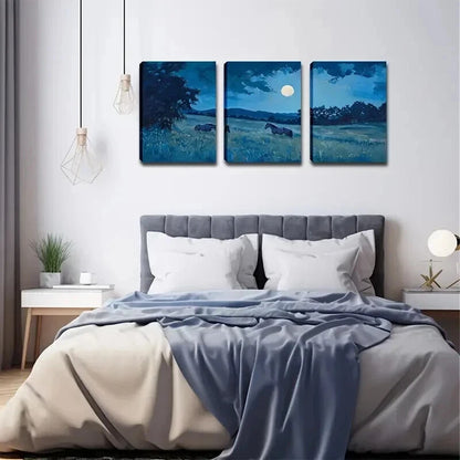 3pcs Realistic Horse and Moonlit Lands Perfect Wall Art Set Canvas Framed 60x90cm - High Quality Print 100% Australian Made Wall Canvas Ready to Hang - Bella Home Decor