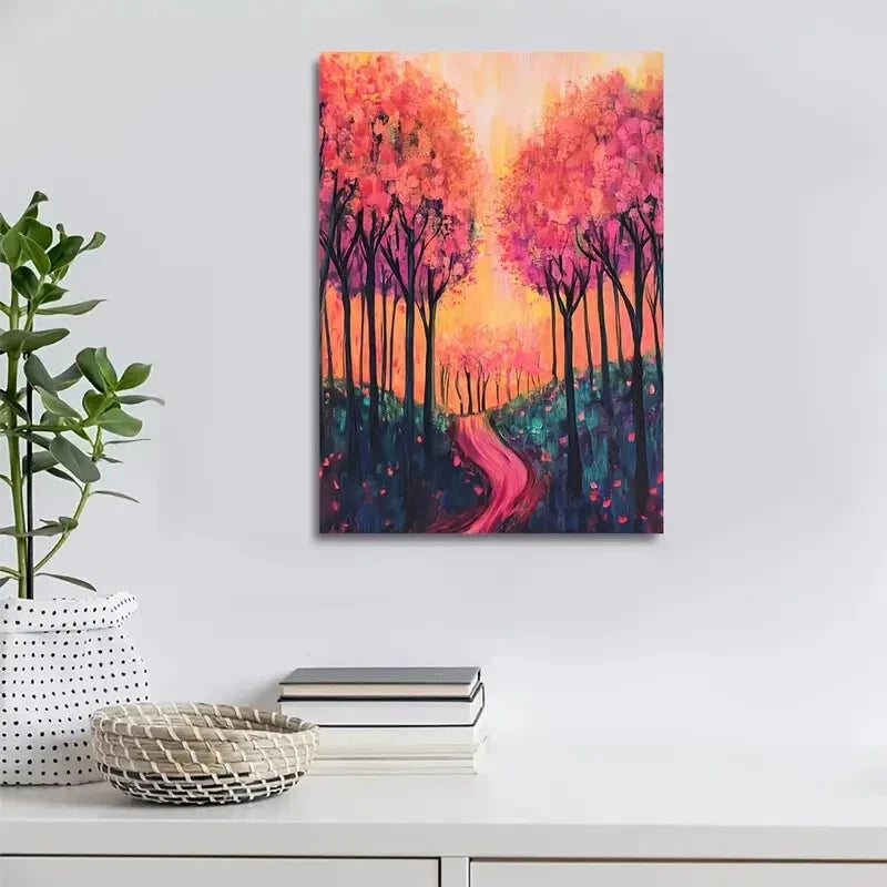 Vibrant Peach Tree Forest with Winding Painting 40x60cm Metal Print Ready to Hang - Bella Home Decor