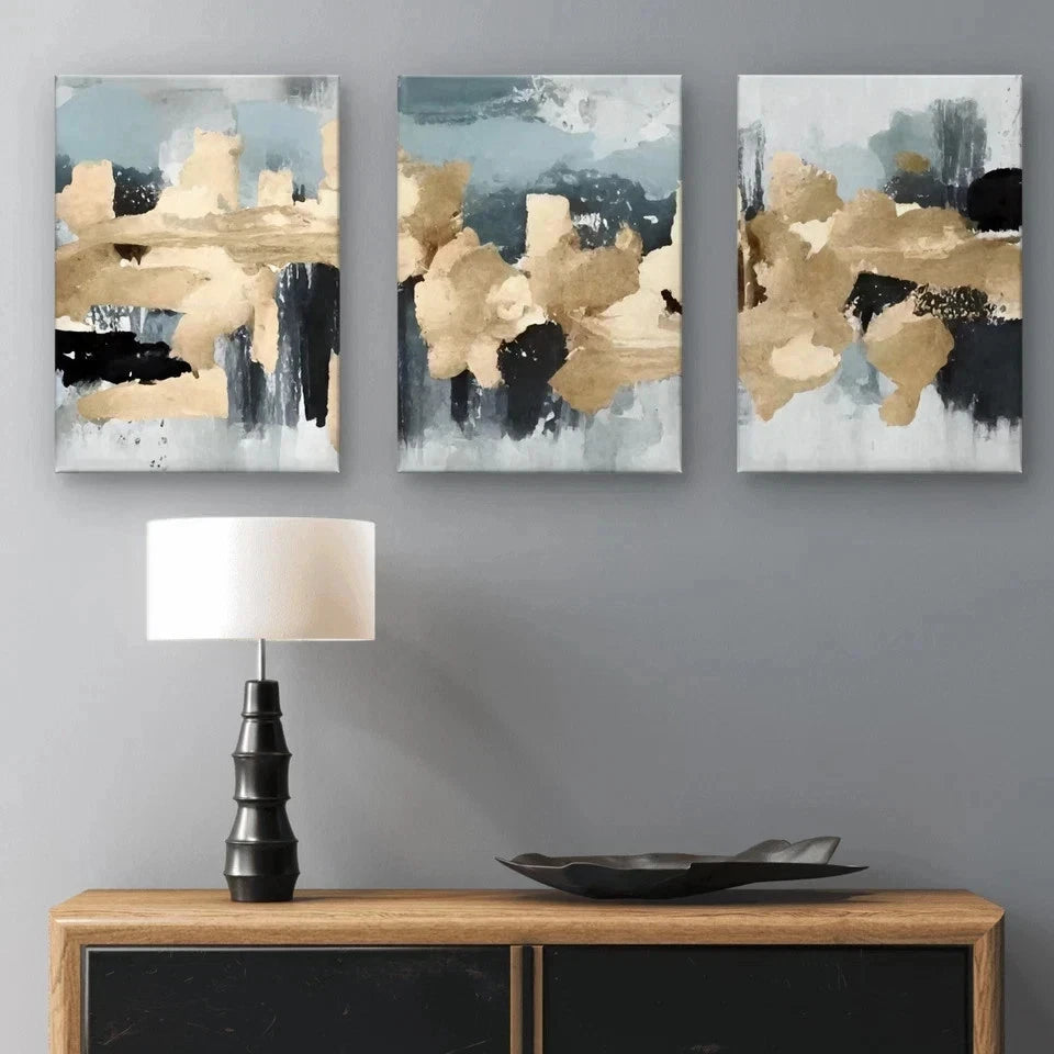 3pcs Modern Abstract Gold and Grey Textured Paint Wall Art Set Canvas Framed 60x90cm - High Quality Print 100% Australian Made Wall Canvas Ready to Hang
