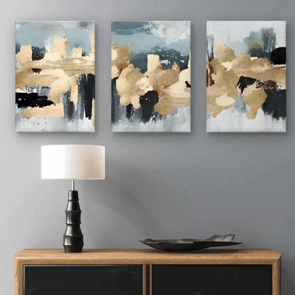 3pcs Modern Abstract Gold and Grey Textured Paint Wall Art Set Canvas Framed 60x90cm - High Quality Print 100% Australian Made Wall Canvas Ready to Hang