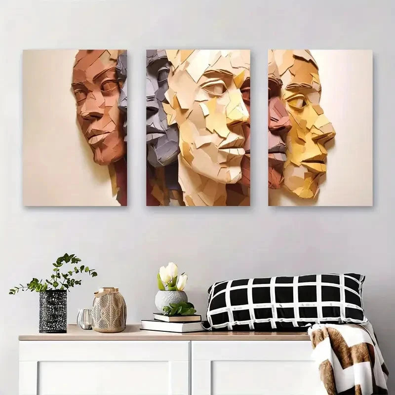 3pcs Abstract Geometric Faces Wall Art Set Canvas Framed 60x90cm - High Quality Print 100% Australian Made Wall Canvas Ready to Hang