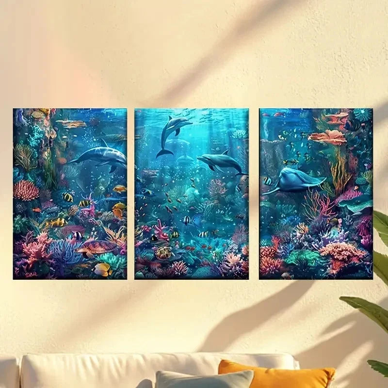 3pcs Aquarium Scene Dolphins & Colorful Fish Wall Art Set Canvas Framed 40x60cm - High Quality Print 100% Australian Made Wall Canvas Ready to Hang - Bella Home Decor