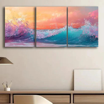 3pcs Colorful Beauty Ocean Waves at Sunset Water Wall Art Set Canvas Unframed - High Quality Print 100% Australian Made Wall Canvas - Bella Home Decor