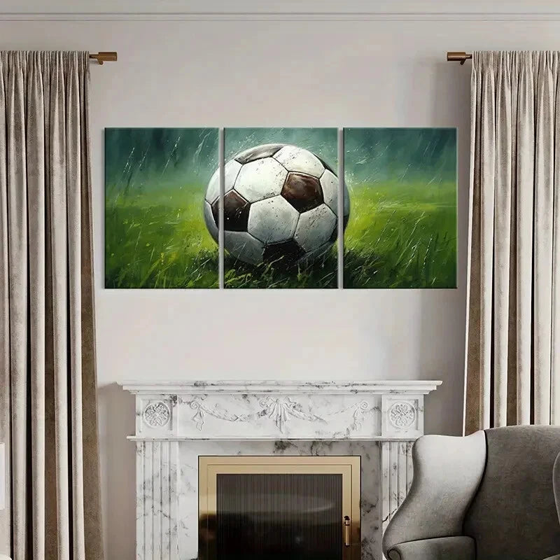 3pcs Abstract Soccer Ball Grass Field Metal Print Ready to Hang Art - Bella Home Decor