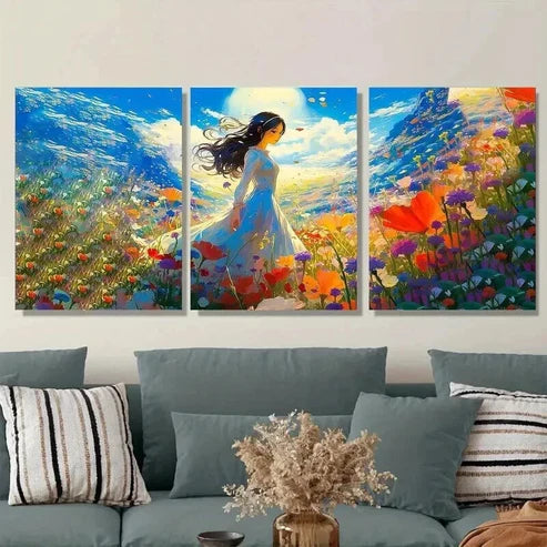 3pcs Beautiful Woman In Flower Vibrant Landscape Wall Art Set Canvas Unframed - High Quality Print 100% Australian Made Wall Canvas - Bella Home Decor