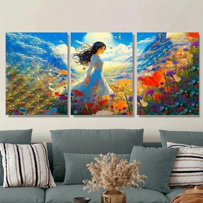 3pcs Beautiful Woman In Flower Vibrant Landscape Wall Art Set Canvas Unframed - High Quality Print 100% Australian Made Wall Canvas - Bella Home Decor