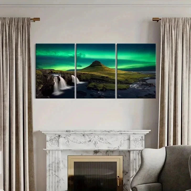 3pcs Nordic Aurora with Waterfall & Coastline Wall Art Set Canvas Framed 60x90cm - High Quality Print 100% Australian Made Wall Canvas Ready to Hang - Bella Home Decor
