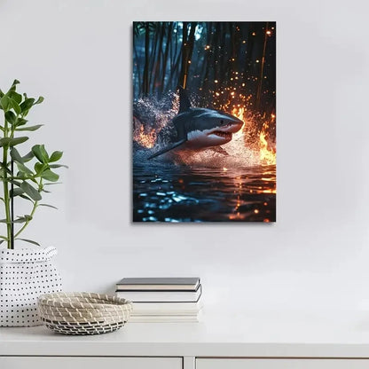 Shark Splashing in Bamboo Grove with Glowing 40x60cm Metal Print Ready to Hang - Bella Home Decor