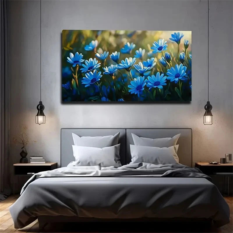 Chic Blue Floral Watercolor Wall Art Canvas Office Home Room Framed 120x60cm