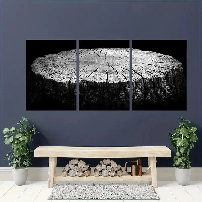 3pcs Black and White Art Wood Tree Ring Metal Print Ready to Hang Art - Bella Home Decor