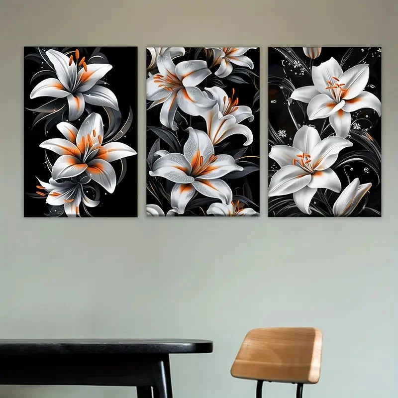 3pcs white and orange flowers on black Wall Art Set Canvas Framed 40x60cm - High Quality Print 100% Australian Made Wall Canvas Ready to Hang - Bella Home Decor
