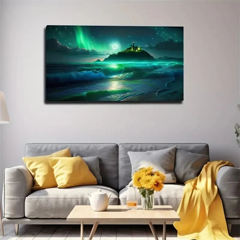 Green Aurora On The Island Wall Art Canvas Office Home Room Framed 120x60cm