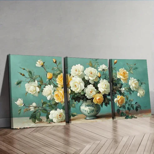 3pcs White Roses in Vase Painting Floral Color Wall Art Set Canvas Unframed - High Quality Print 100% Australian Made Wall Canvas