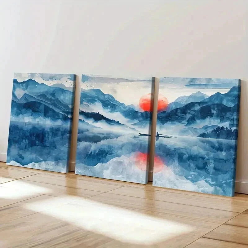 3pcs Traditional Chinese Landscape Sunset Lake Wall Art Set Canvas Framed 40x60cm - High Quality Print 100% Australian Made Wall Canvas Ready to Hang - Bella Home Decor