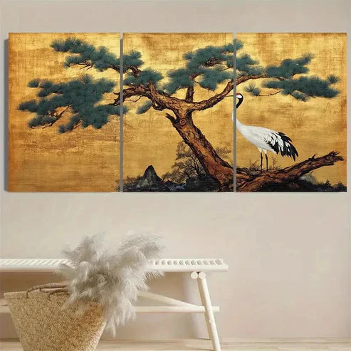 3pcs Minhwa Pine Tree & Cranes Wall Art Set Canvas Unframed - High Quality Print 100% Australian Made Wall Canvas - Bella Home Decor