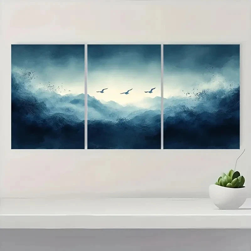 3pcs Blue Smoke Wave & Birds BSW Wall Art Set Canvas Framed 60x90cm - High Quality Print 100% Australian Made Wall Canvas Ready to Hang - Bella Home Decor