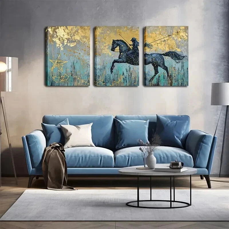 3pcs Realistic Starry Night Black Horse Perfect Wall Art Set Canvas Framed 50x70cm - High Quality Print 100% Australian Made Wall Canvas Ready to Hang - Bella Home Decor