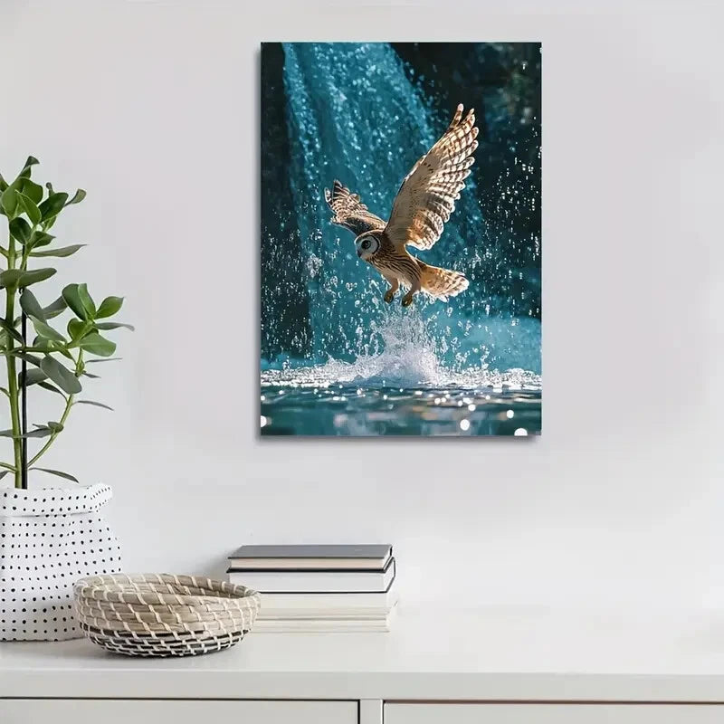 Stunning Owl Splashing in Waterfall Scene Painting 40x60cm Metal Print Ready to Hang - Bella Home Decor