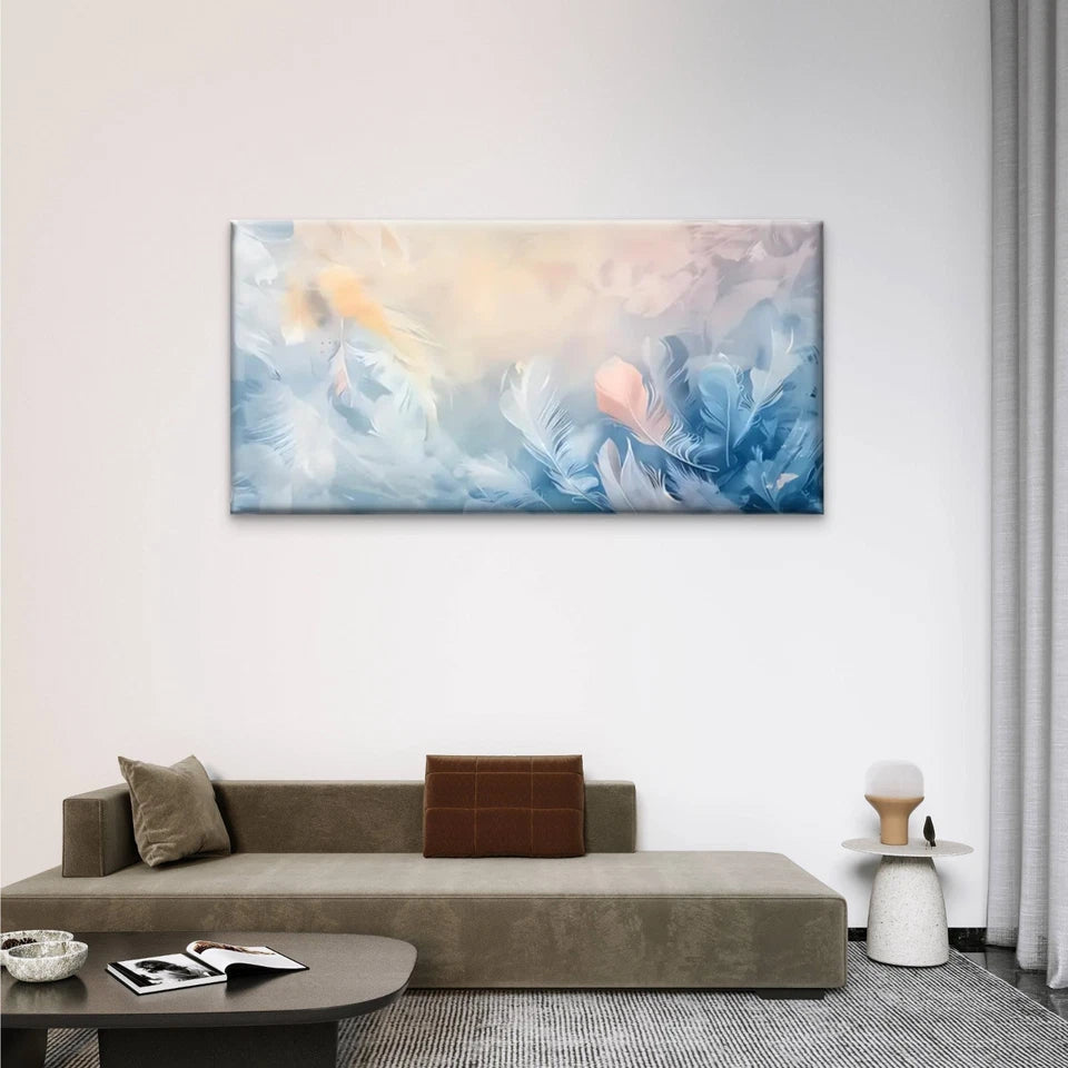 Blue & Yellow Feather Design Wall Art Canvas Office Home Room Framed 120x60cm